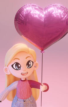 Midera with a heart balloon floating away