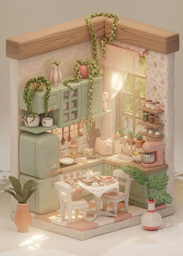 Isometric kitchen set flooded with light and plants